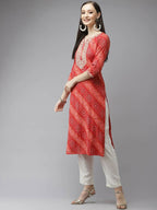 Yufta Women Red Bandhani Printed Regular Gotta Patti Kurta with Palazzo & With Dupatta
