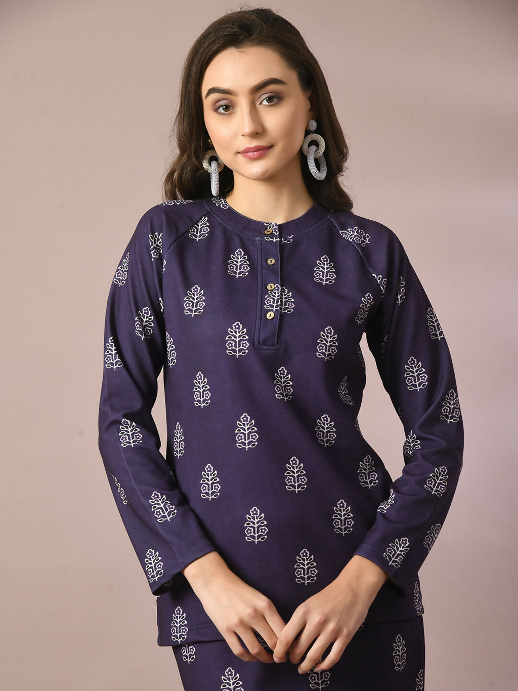 Myshka Women's Navy Blue Printed Round Neck Party Top With Skirt Co-ord set