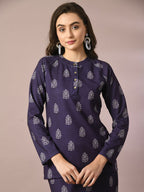 Myshka Women's Navy Blue Printed Round Neck Party Top With Skirt Co-ord set