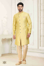Raivat Ethnic Banarasi Jacquard Embroidery Semi Indo Western Sherwani In Cream Gold Colour