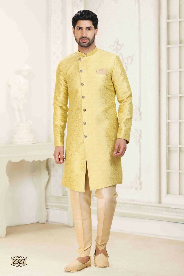 Raivat Ethnic Banarasi Jacquard Embroidery Semi Indo Western Sherwani In Cream Gold Colour
