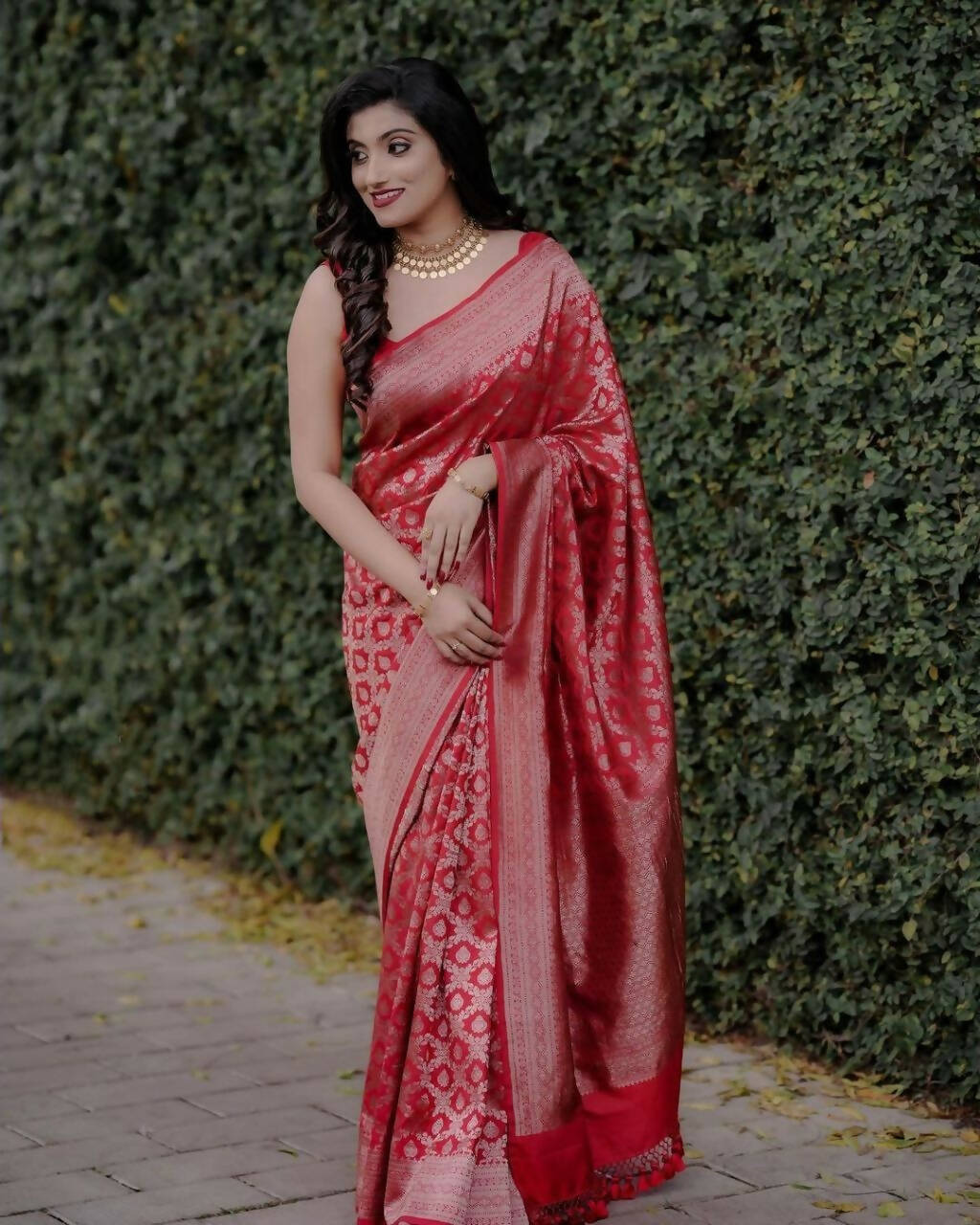 DEIANA'S Beautiful Designer Golden zari Soft Lichi Silk Saree - Red