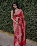 DEIANA'S Beautiful Designer Golden zari Soft Lichi Silk Saree - Red
