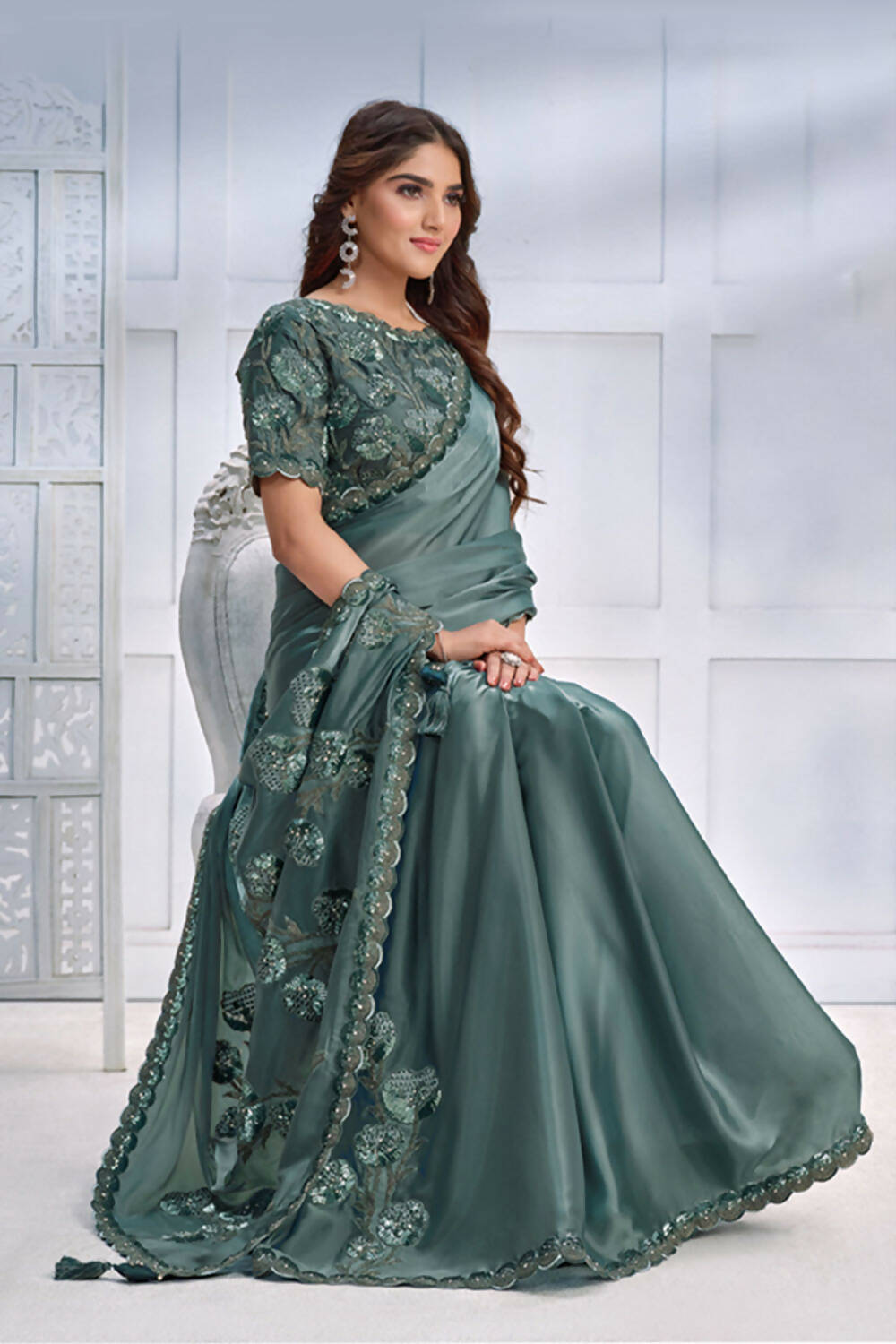 Sea Green Crepe satin silk Cord & Sequence Embroidered with Stone work Saree - Mohmanthan Majestica
