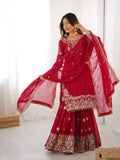 Teeya Creation Red Color Faux Georgette Embroidery Work Wedding Wear Sharara - Distacart