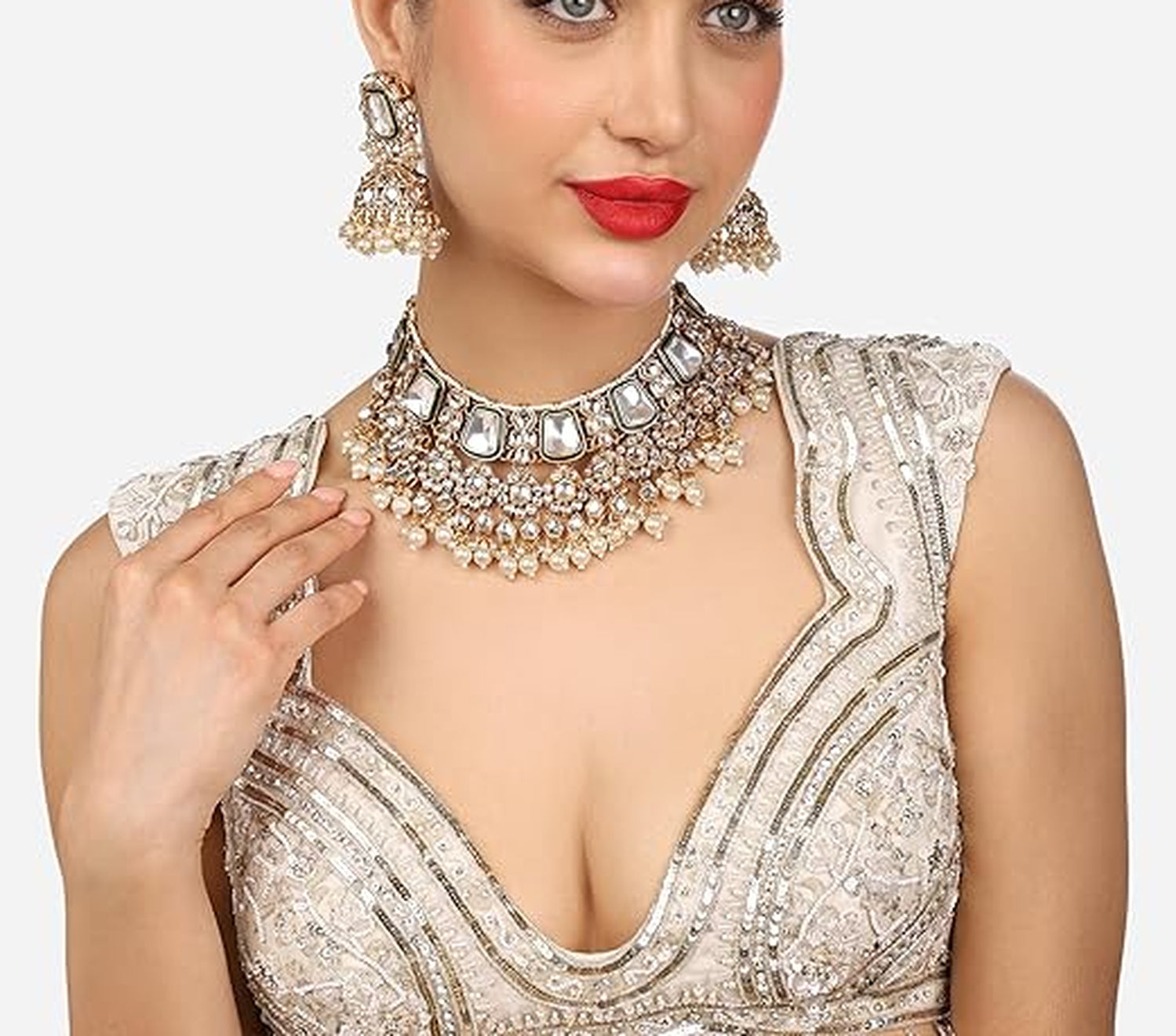 Jewel City Traditional Handcrafted Kundan Pearl Choker Necklace Set with Jhumka Earrings and Maang Tikka – Bridal Jewelry Set