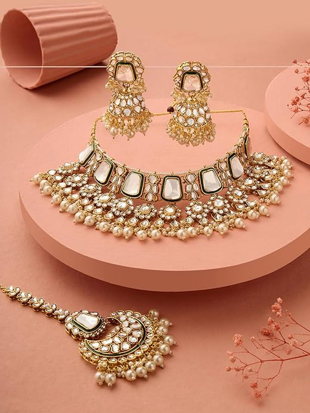 Jewel City Traditional Handcrafted Kundan Pearl Choker Necklace Set with Jhumka Earrings and Maang Tikka – Bridal Jewelry Set