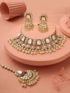 Jewel City Traditional Handcrafted Kundan Pearl Choker Necklace Set with Jhumka Earrings and Maang Tikka – Bridal Jewelry Set
