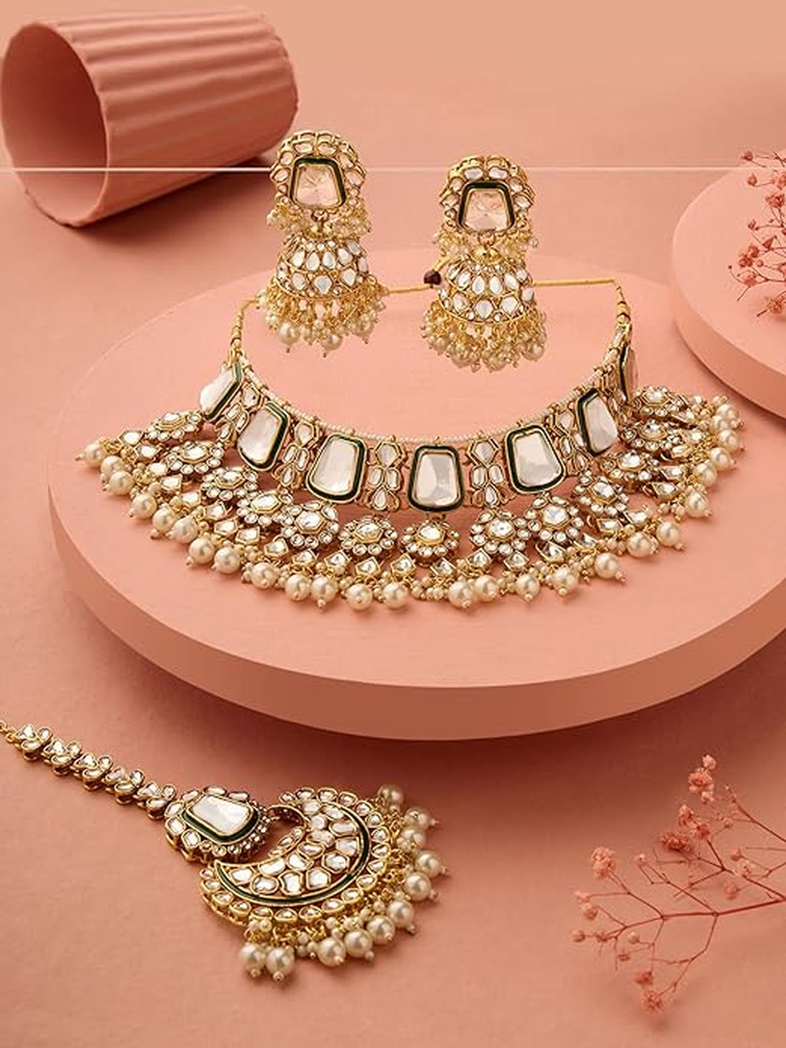 Jewel City Traditional Handcrafted Kundan Pearl Choker Necklace Set with Jhumka Earrings and Maang Tikka – Bridal Jewelry Set