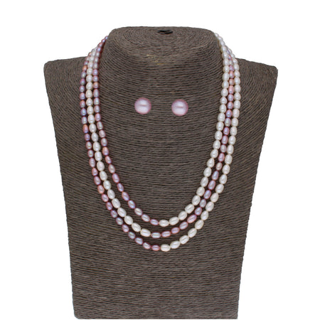 J Pearls Abhi 3 Lines Pearl Necklace Set - Real Pearl Jewelry
