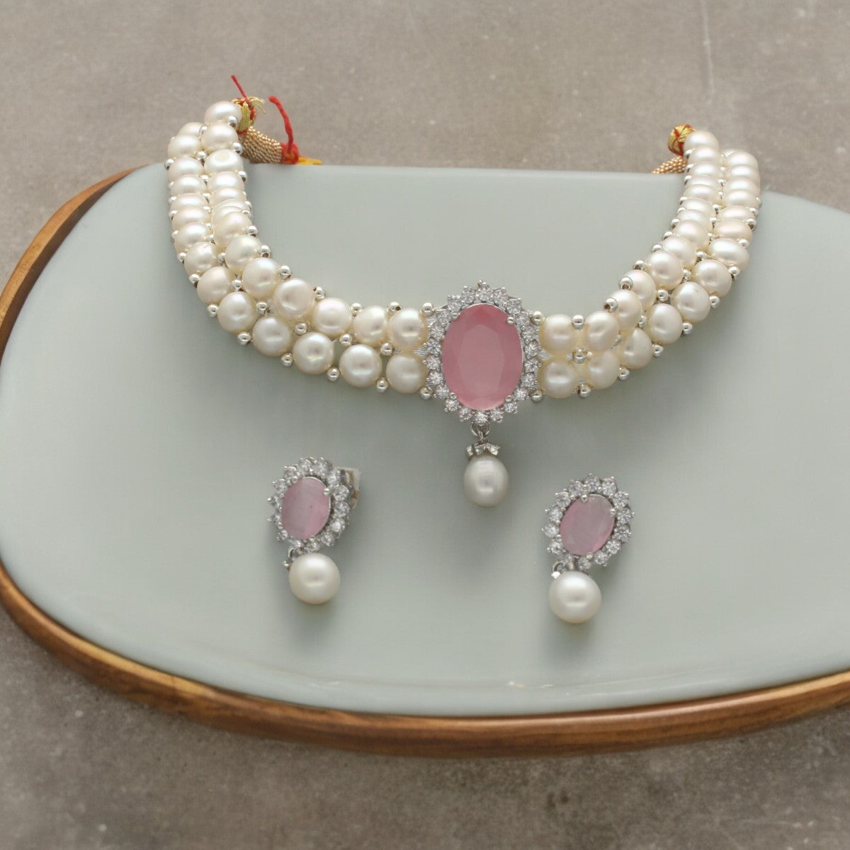 J Pearls Designer 2 Lines White Pearl Choker