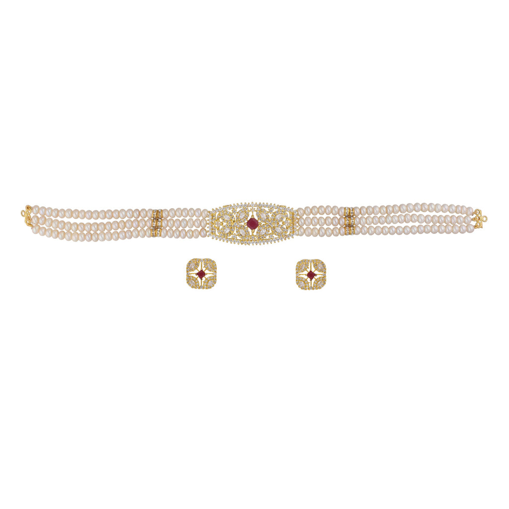 J Pearls Kyra 3 Lines Round Choker Set - Real Pearl Jewelry - Distacart