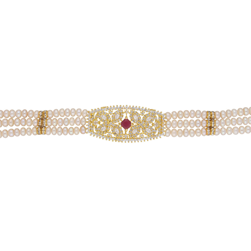 J Pearls Kyra 3 Lines Round Choker Set - Real Pearl Jewelry - Distacart