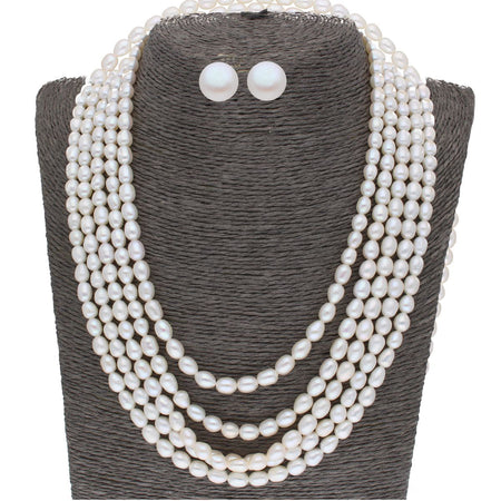 J Pearls 5 Line Plain Oval Pearl Set - Real Pearl Jewelry