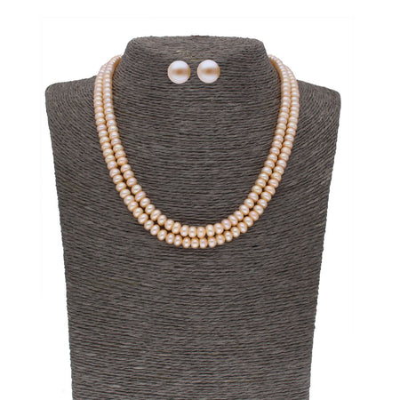 J Pearls 2 Line Button Peach Pearl Set - Real Pearl Jewelry