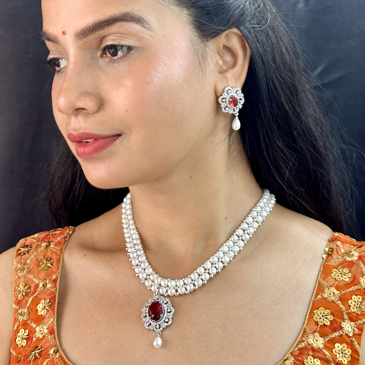 J Pearls Ravishing Dual Line Pearl Necklace Set