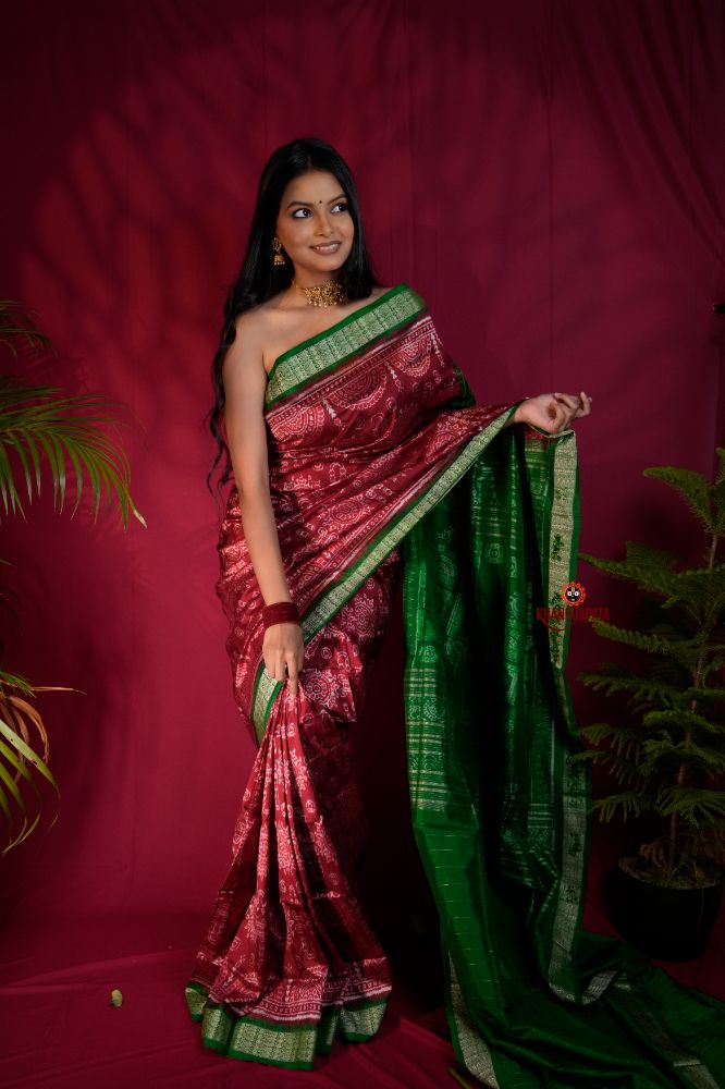 khanduapata Maroon & Lush Green Body Design Silk Saree For Women - Distacart