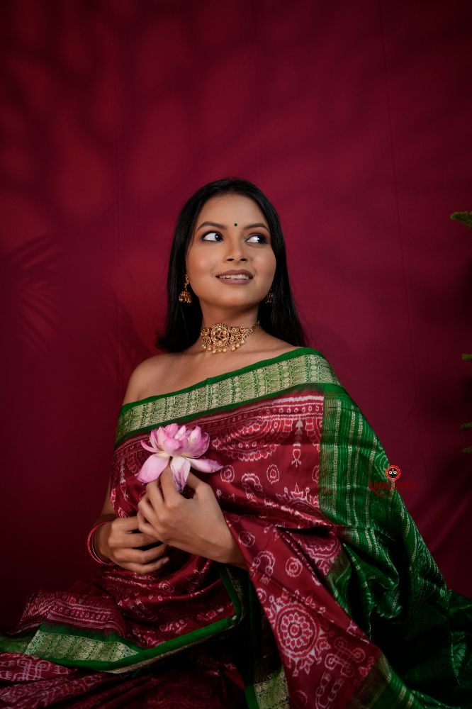 khanduapata Maroon & Lush Green Body Design Silk Saree For Women - Distacart