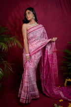 khanduapata Blush Pink & Intricate White Floral Design Silk Saree For Women - Distacart