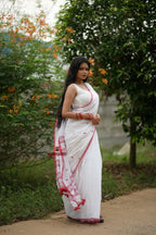 khanduapata White & Red Leaf Pattern Cotton Saree For Women - Distacart
