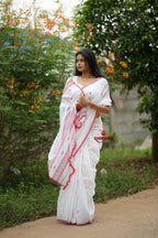 khanduapata White & Red Leaf Pattern Cotton Saree For Women - Distacart
