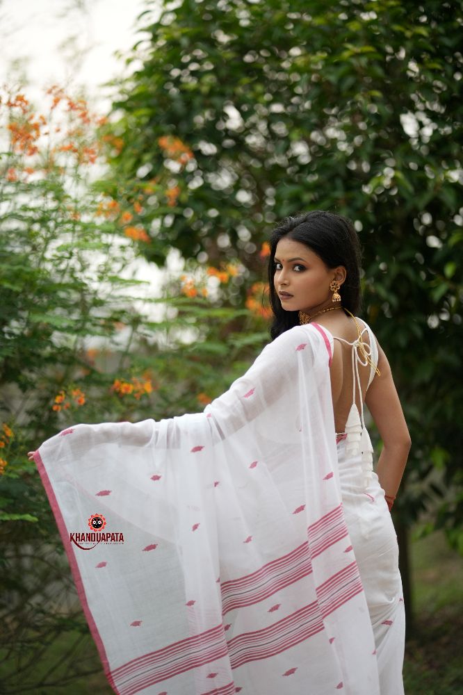 khanduapata White & Red Leaf Pattern Cotton Saree For Women - Distacart