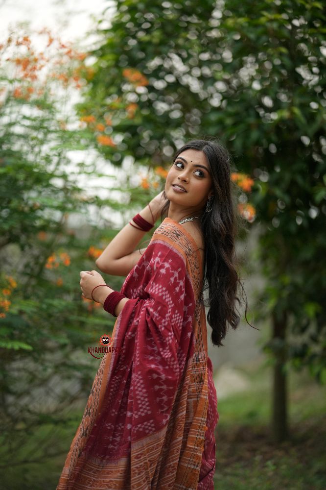 khanduapata Maroon & Orange Colour Tribal Design Cotton Saree For Women - Distacart