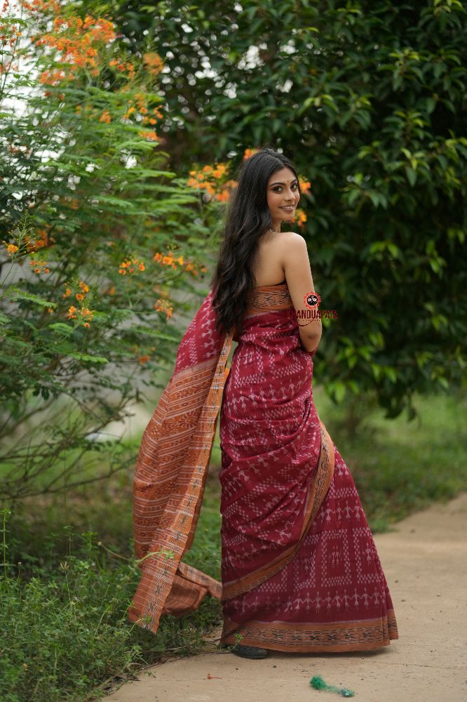 khanduapata Maroon & Orange Colour Tribal Design Cotton Saree For Women - Distacart