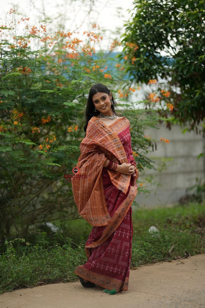khanduapata Maroon & Orange Colour Tribal Design Cotton Saree For Women - Distacart