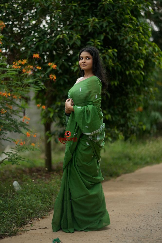 khanduapata Green & White Leaf Pattern Cotton Saree For Women - Distacart