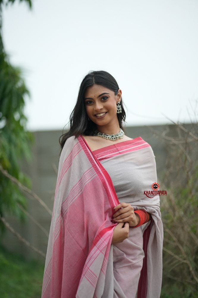 khanduapata Grey and Soft Pink Cotton Saree For Women - Distacart