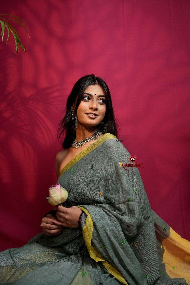 khanduapata Grey and Yellow Dot Pattern Cotton Saree For Women - Distacart