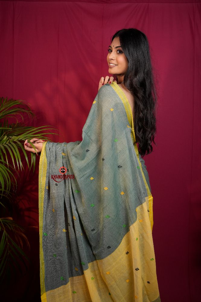 khanduapata Grey and Yellow Dot Pattern Cotton Saree For Women - Distacart