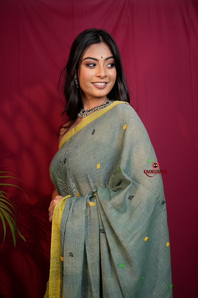 khanduapata Grey and Yellow Dot Pattern Cotton Saree For Women - Distacart