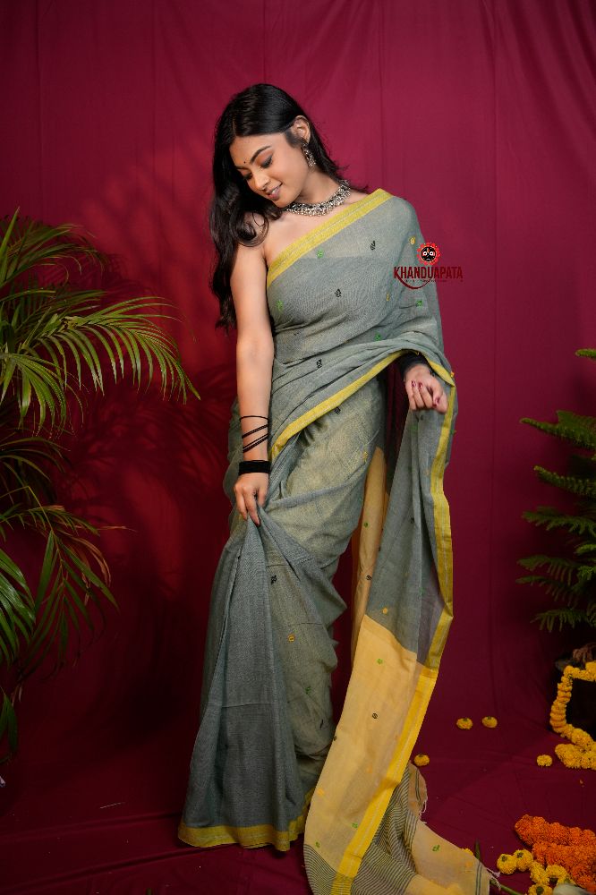khanduapata Grey and Yellow Dot Pattern Cotton Saree For Women - Distacart