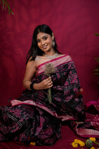 khanduapata Pink & Black Floral Design Silk Saree For Women - Distacart