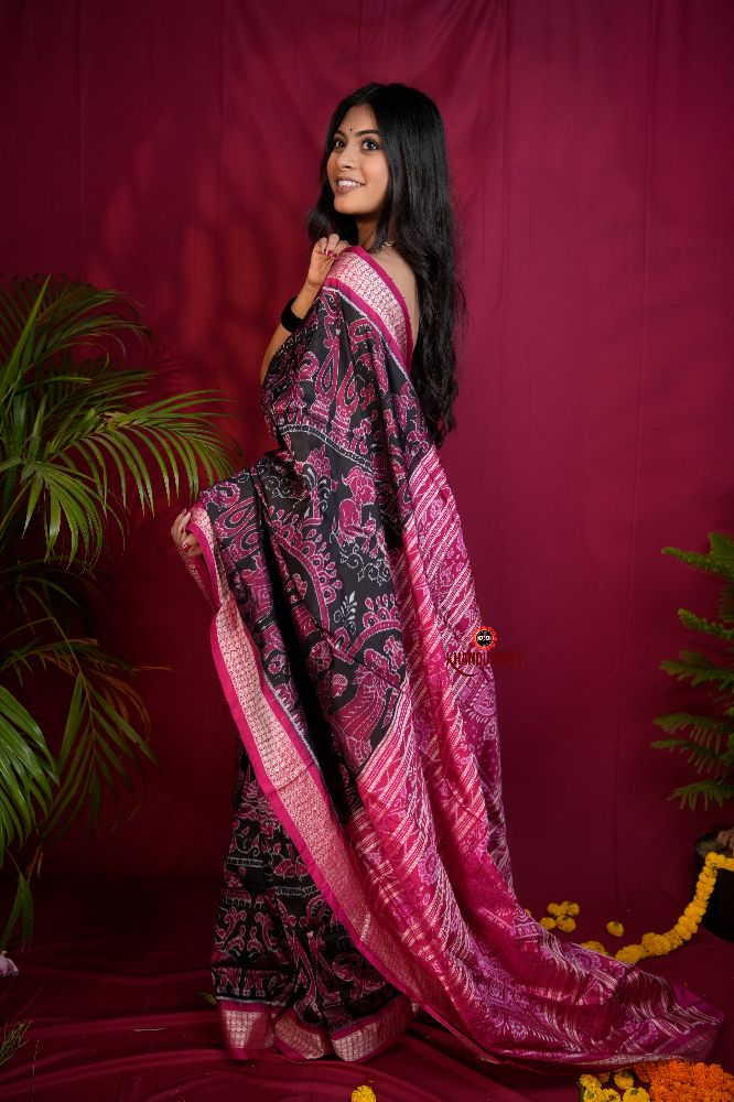 khanduapata Pink & Black Floral Design Silk Saree For Women - Distacart