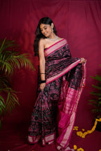 khanduapata Pink & Black Floral Design Silk Saree For Women - Distacart