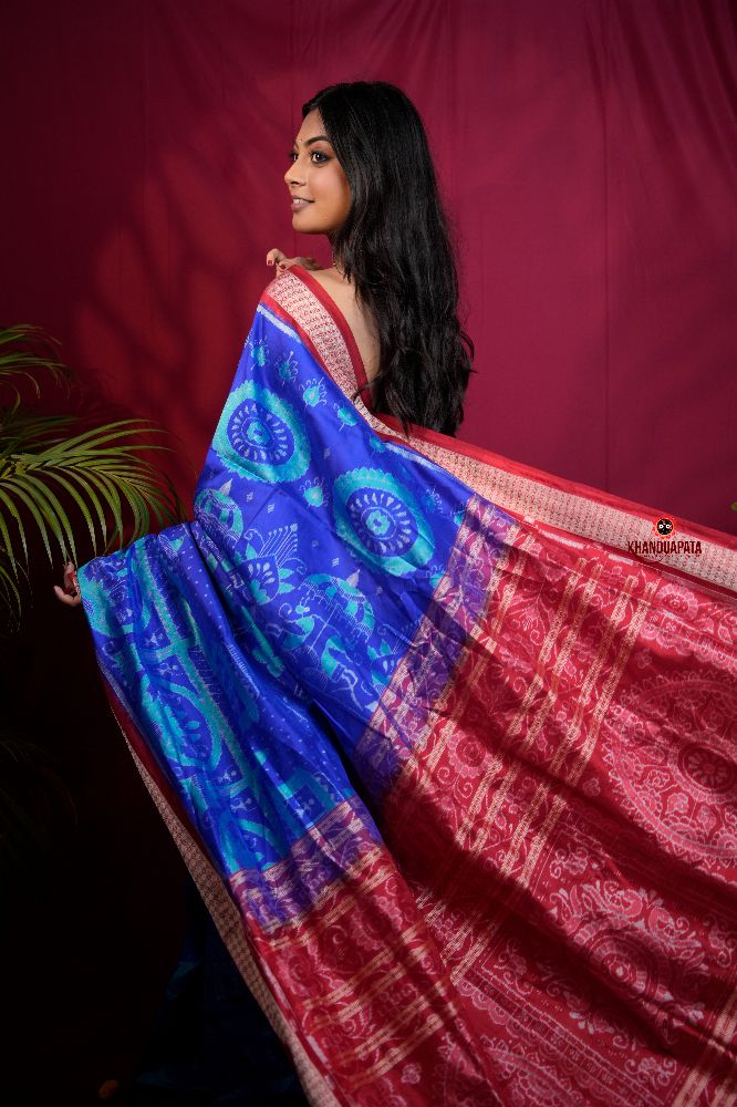 khanduapata Red & Blue Floral Design Silk Saree For Women - Distacart