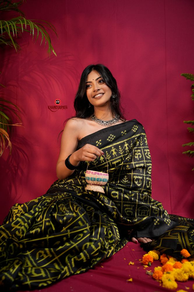 khanduapata Black & Bright Yellow Colour Hindi Alphabet Design Silk Saree For Women - Distacart