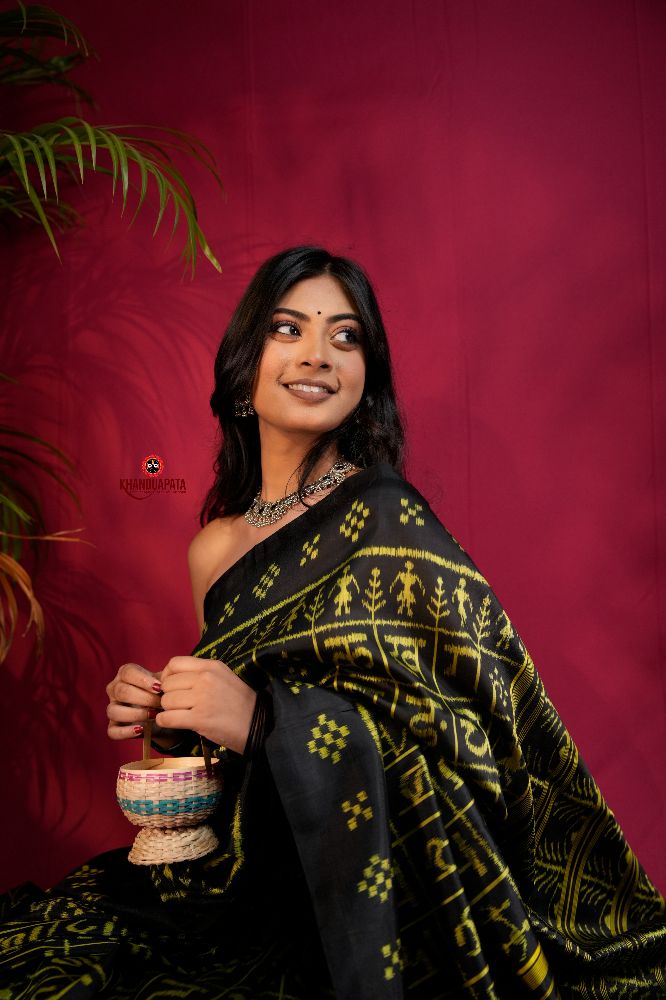 khanduapata Black & Bright Yellow Colour Hindi Alphabet Design Silk Saree For Women - Distacart