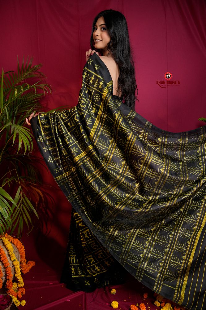 khanduapata Black & Bright Yellow Colour Hindi Alphabet Design Silk Saree For Women - Distacart