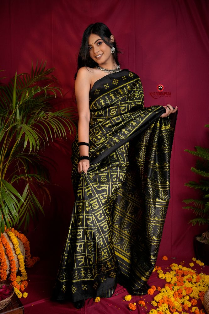 khanduapata Black & Bright Yellow Colour Hindi Alphabet Design Silk Saree For Women - Distacart
