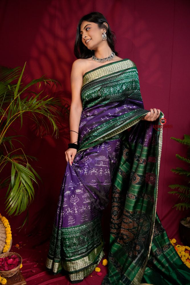 khanduapata Green & Purple Colour Floral Design Silk Saree For Women - Distacart
