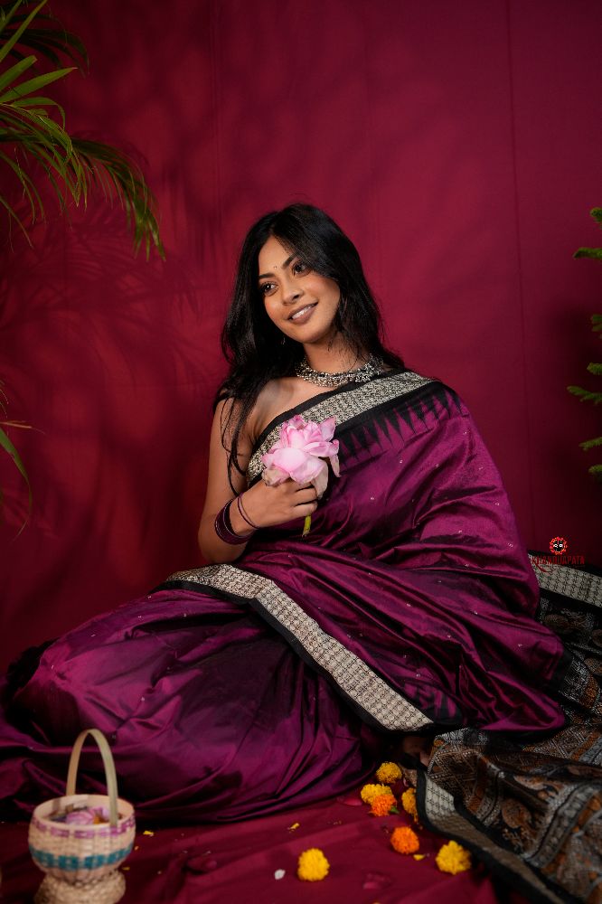 khanduapata Black & Magenta Colour Dot Design Silk Saree For Women - Distacart
