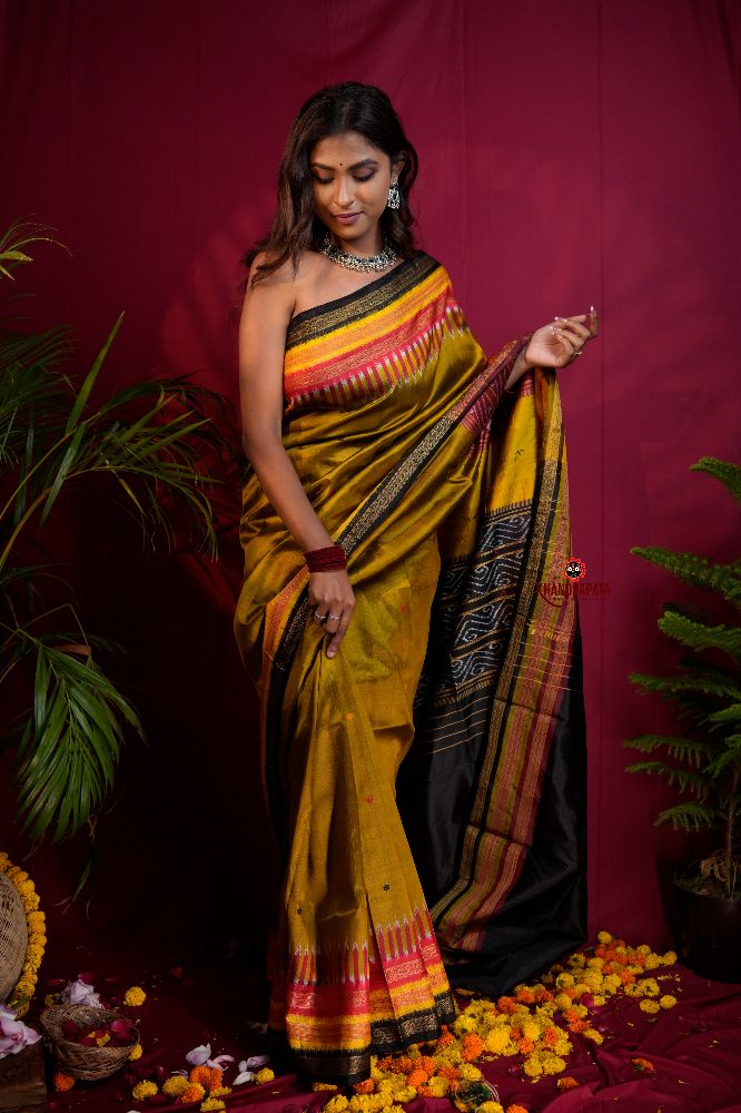 khanduapata Black & Mustard Yellow Multi Colour Dot Design Silk Saree For Women - Distacart