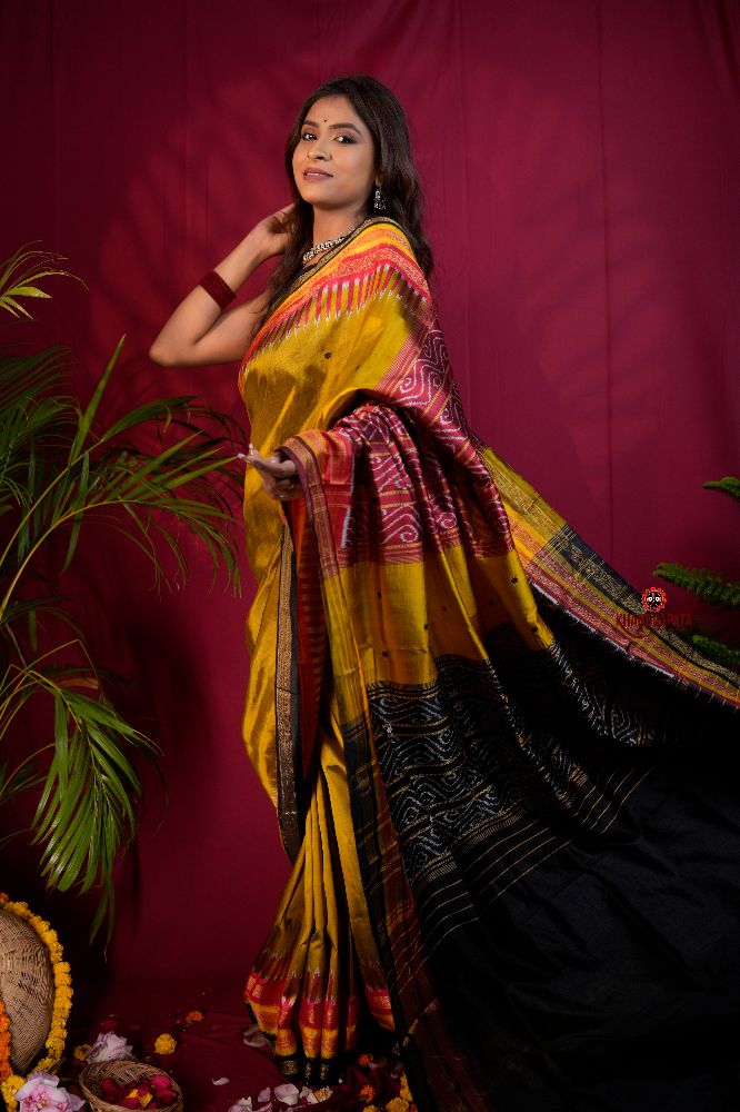 khanduapata Black & Mustard Yellow Multi Colour Dot Design Silk Saree For Women - Distacart