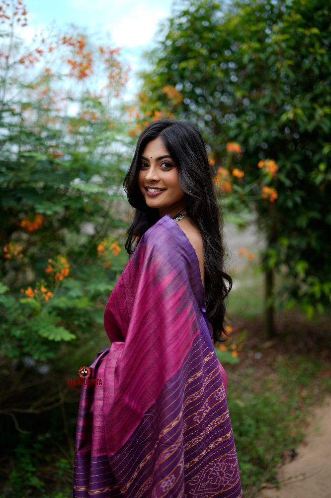khanduapata Blue & Pink Colour Plain Tussar Silk Saree For Women - Distacart