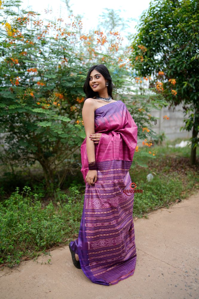khanduapata Blue & Pink Colour Plain Tussar Silk Saree For Women - Distacart