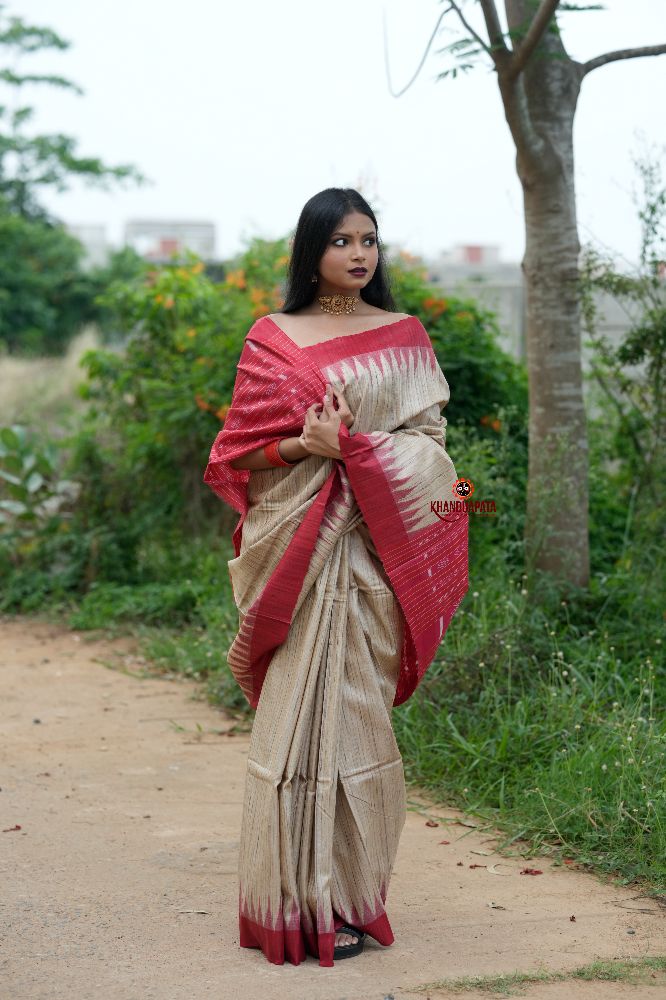 khanduapata Red & Beige Colour Plain Tussar Silk Saree For Women - Distacart